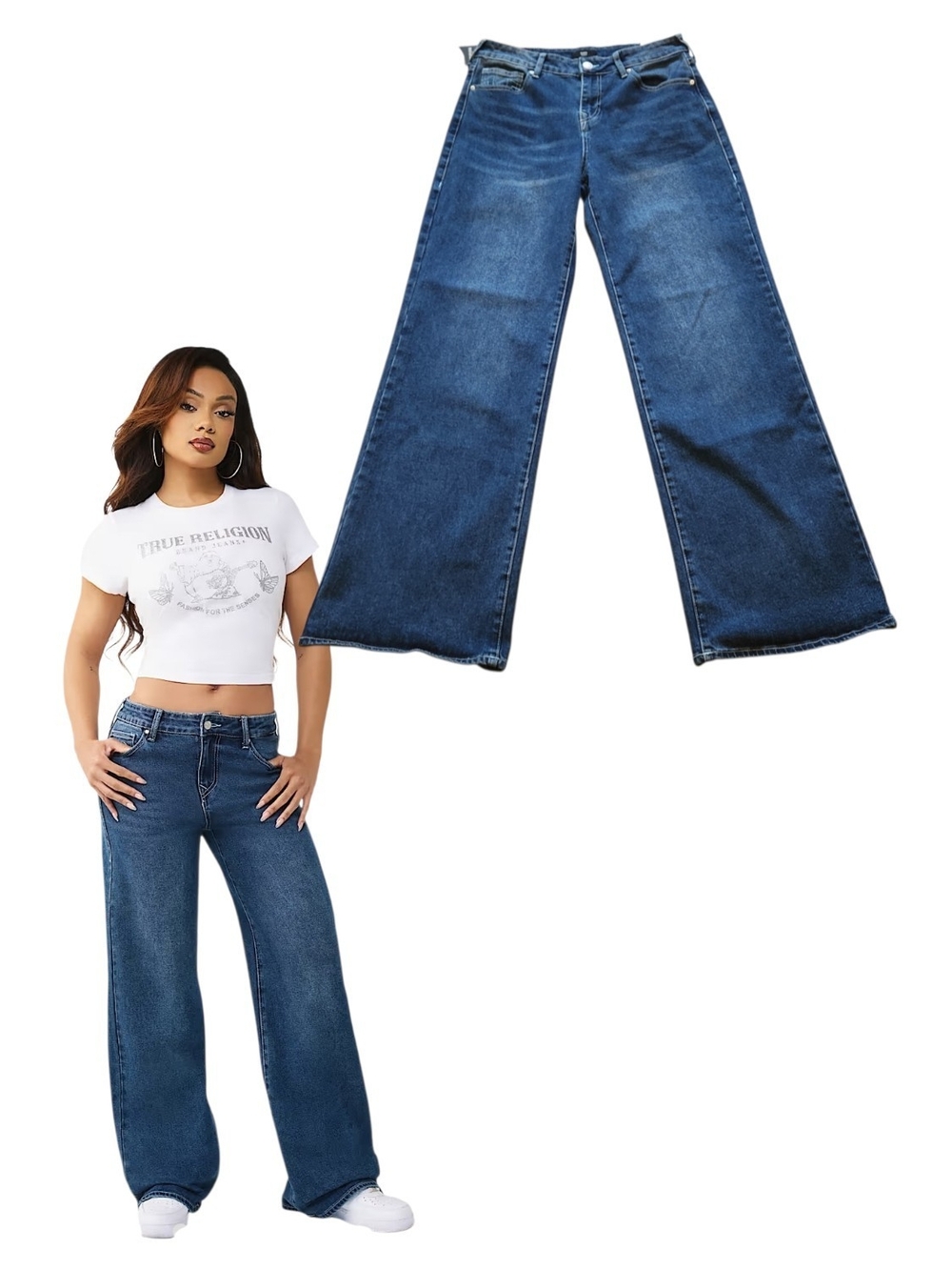 NWT True Religion Bobbi Mid Rise Baggy Denim Wide Leg Bay Wash Y2K Jeans Size 28